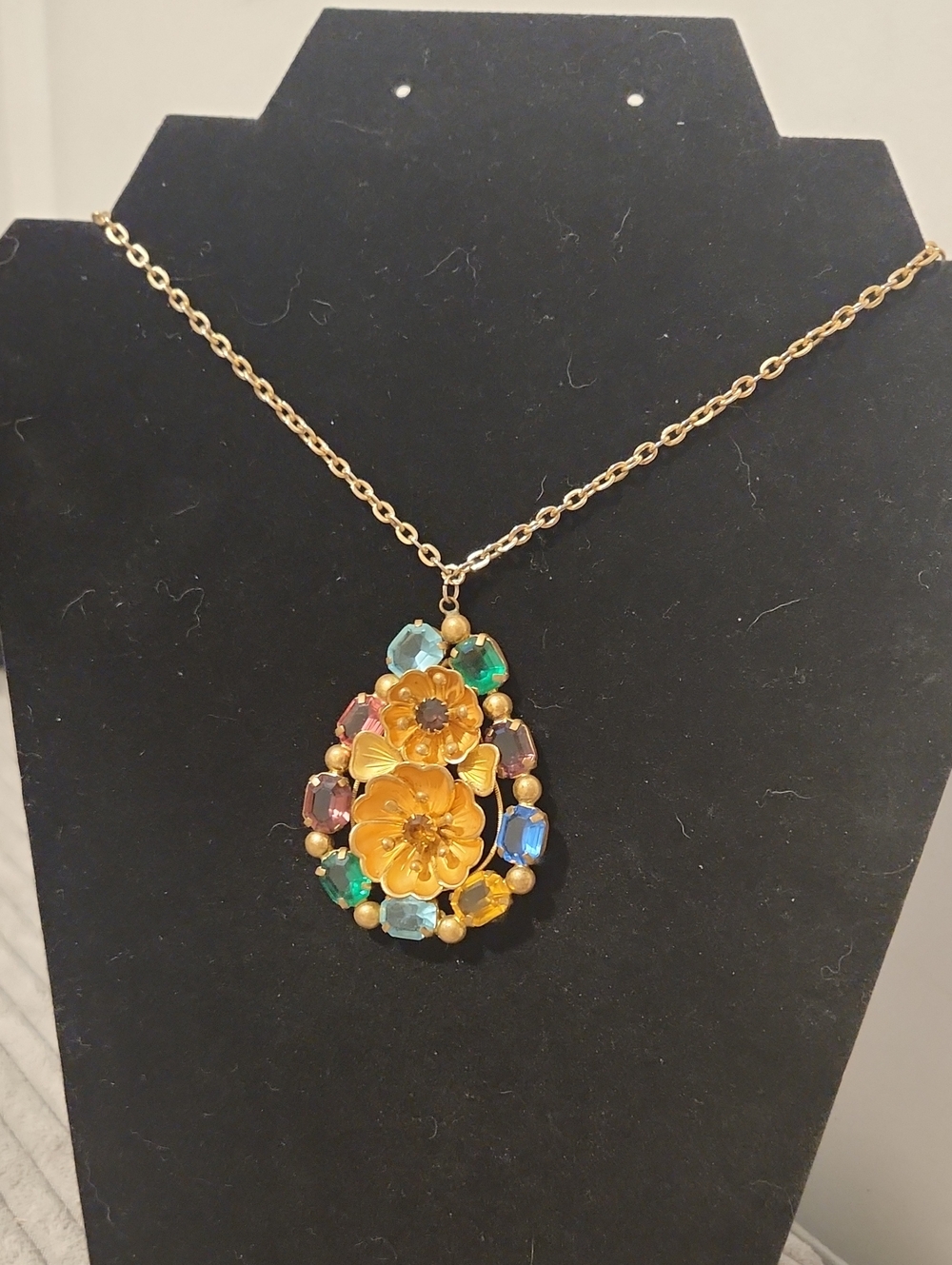 Antique 1930s Czech Brass Teardrop Pendant Necklace Multi-Color Flower Basket